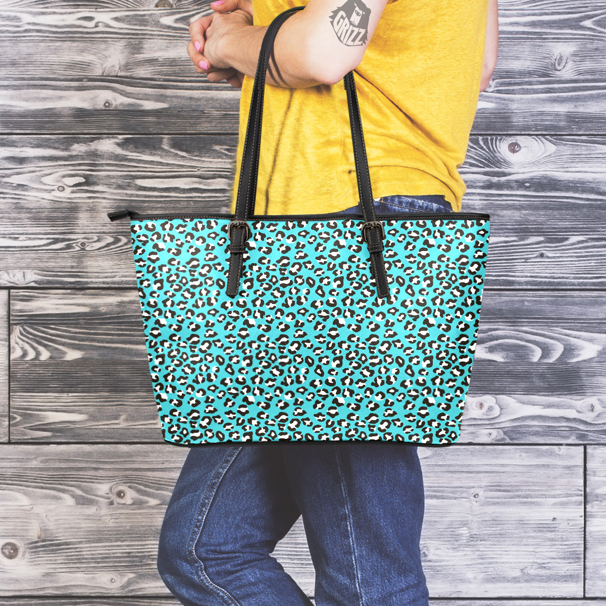 Turquoise Leopard Print Pattern Leather Tote Bag-grizzshop