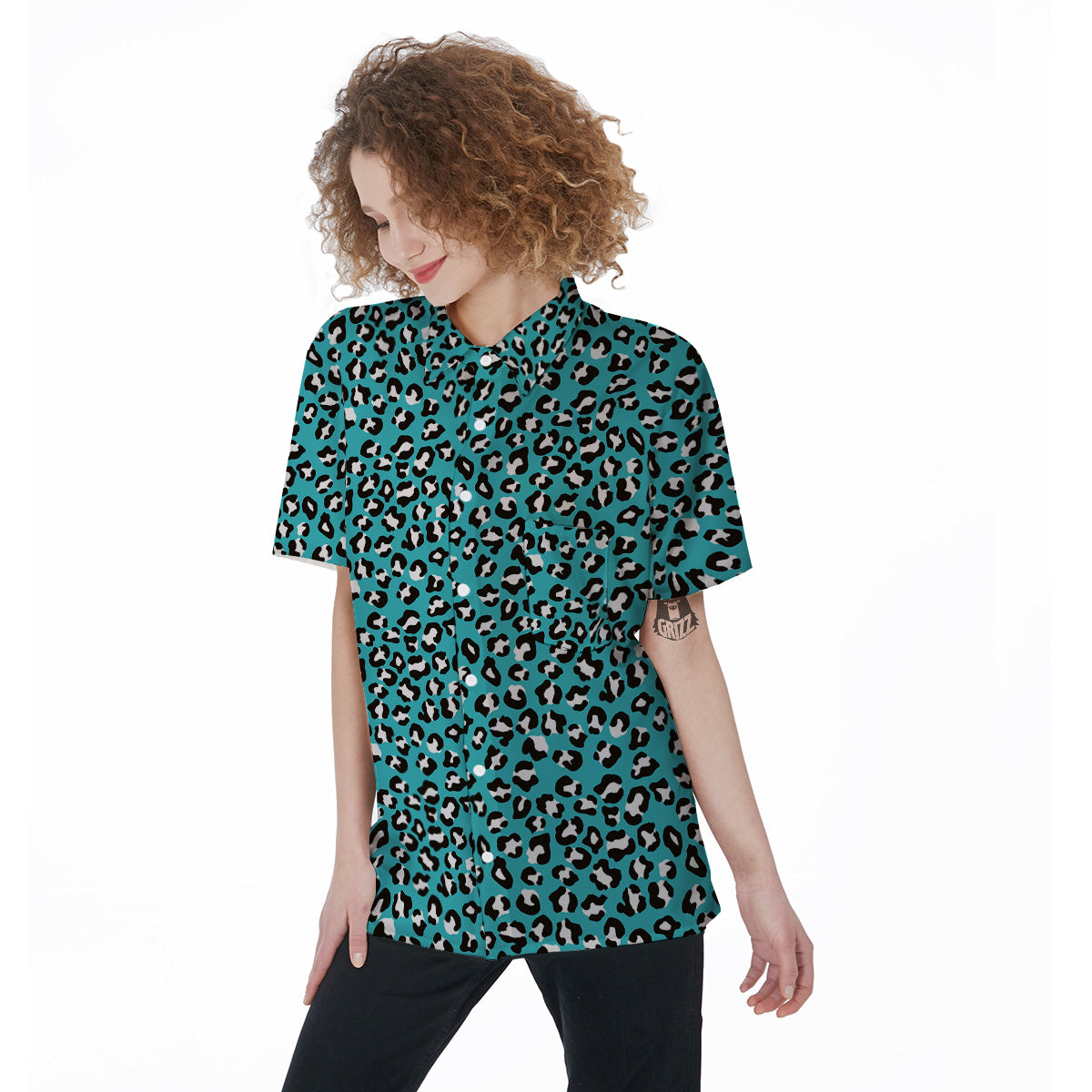 Turquoise Leopard Print Pattern Women's Short Sleeve Shirts-grizzshop