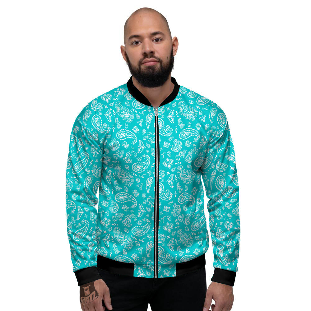 Turquoise Paisley Bandana Print Men's Bomber Jacket-grizzshop