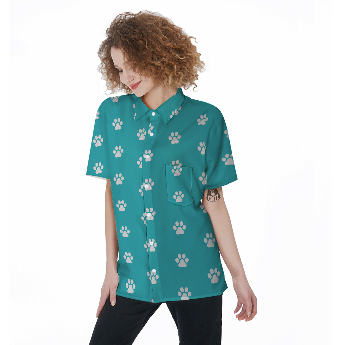 Turquoise Paw Print Women's Short Sleeve Shirts-grizzshop