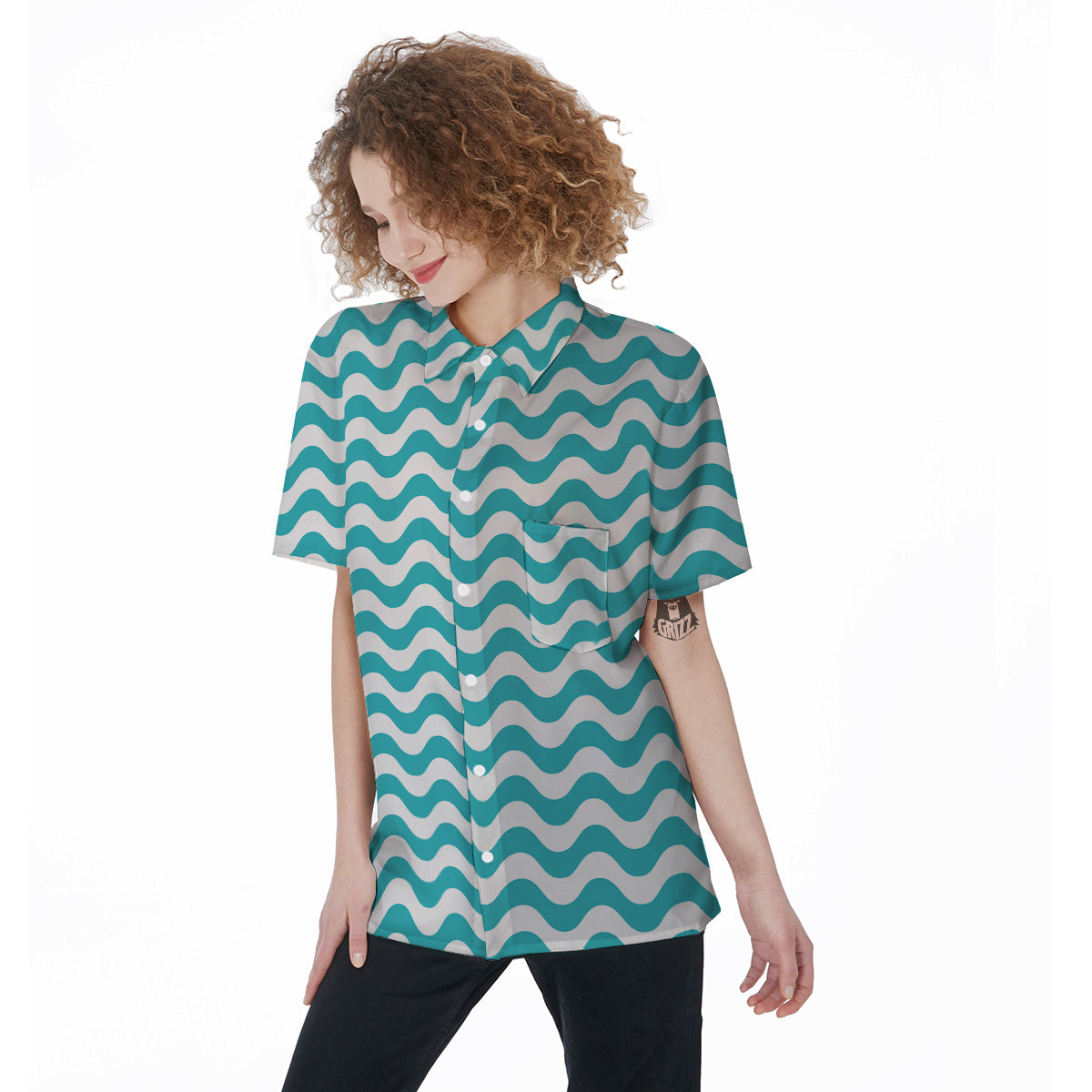Turquoise Wave Striped Print Women's Short Sleeve Shirts-grizzshop