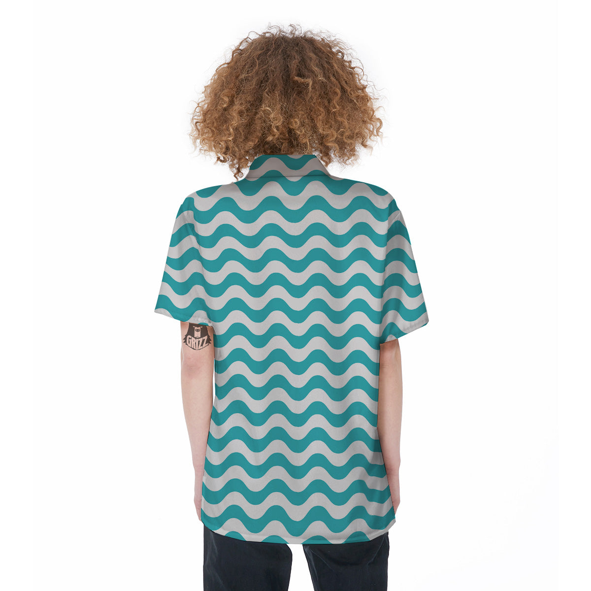 Turquoise Wave Striped Print Women's Short Sleeve Shirts-grizzshop