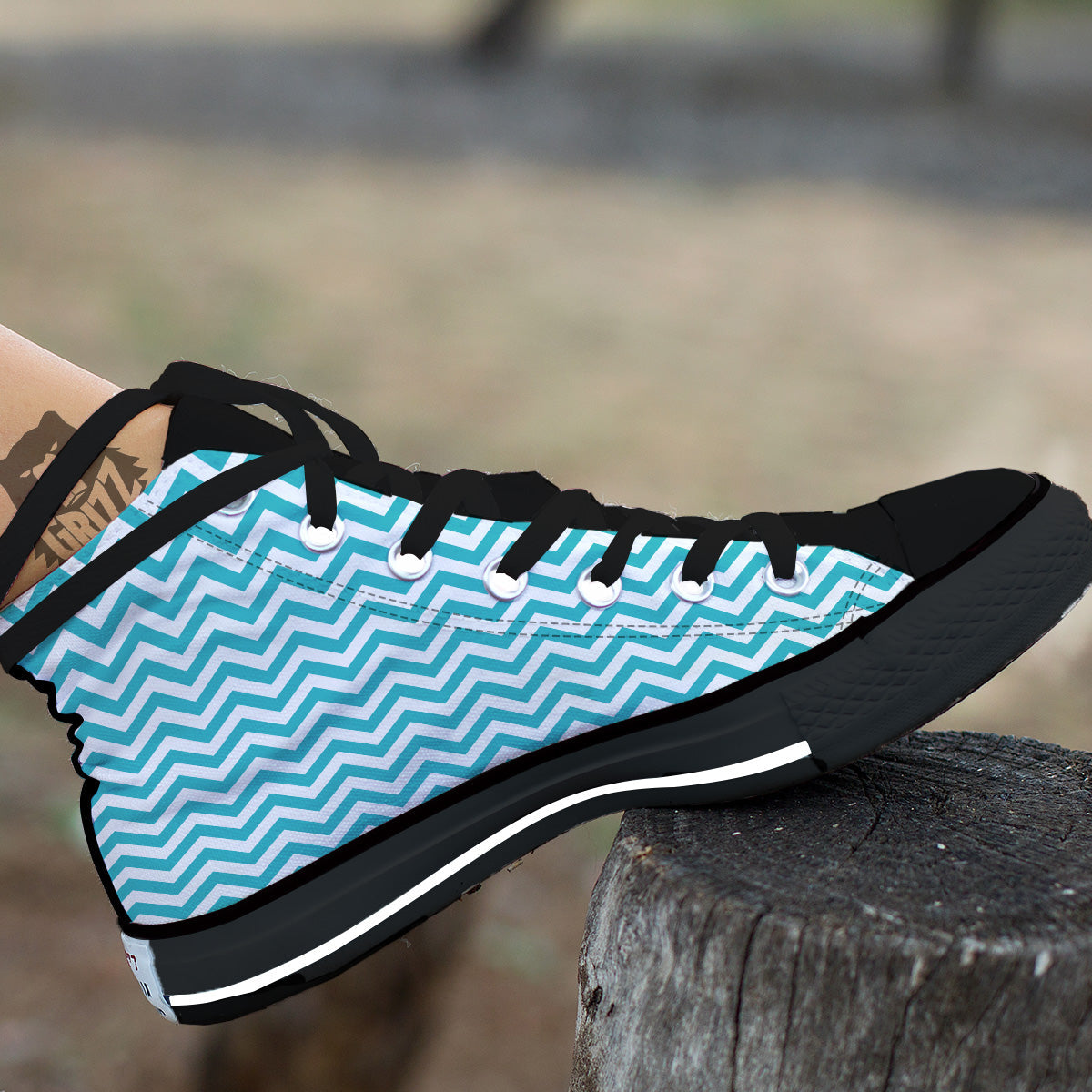 Turquoise Zigzag Print Pattern Black High Top Shoes-grizzshop