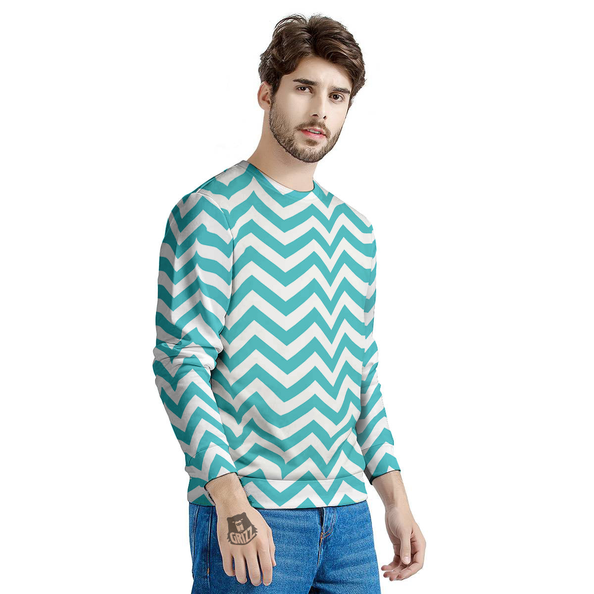 Turquoise Zigzag Print Pattern Men's Sweatshirt-grizzshop