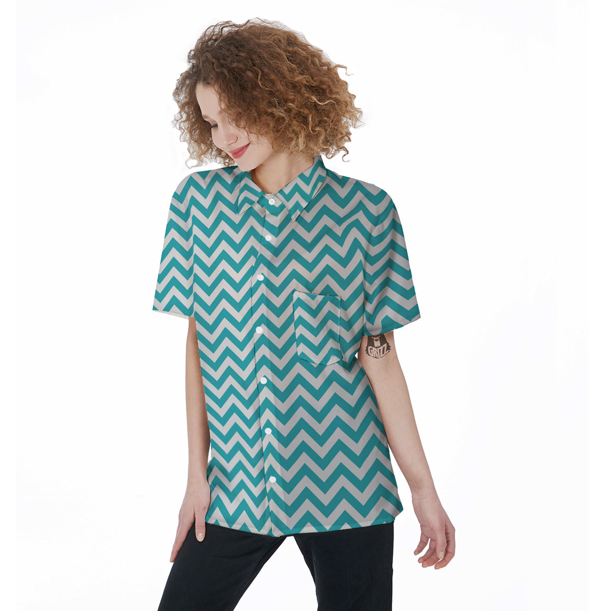 Turquoise Zigzag Print Pattern Women's Short Sleeve Shirts-grizzshop