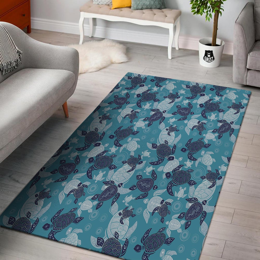 Turtle Blue And White Print Pattern Floor Mat-grizzshop