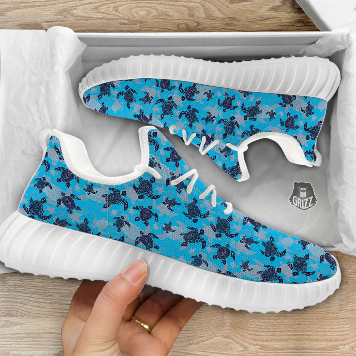 Turtle Blue Sea Print Pattern White Walking Shoes-grizzshop