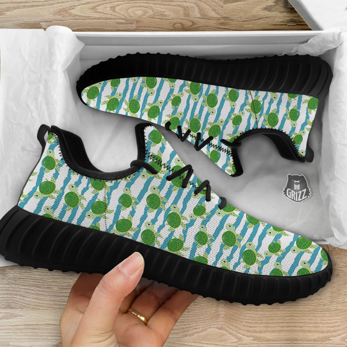 Turtle Cute Sea Print Pattern Black Walking Shoes-grizzshop