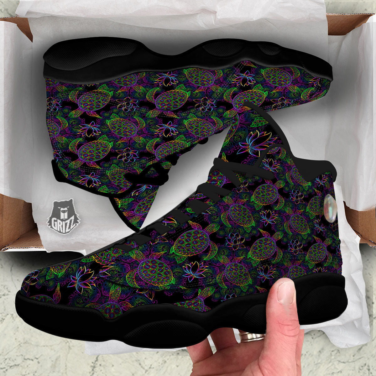 Turtle Sea Psychedelic Print Pattern Black Basketball Shoes-grizzshop