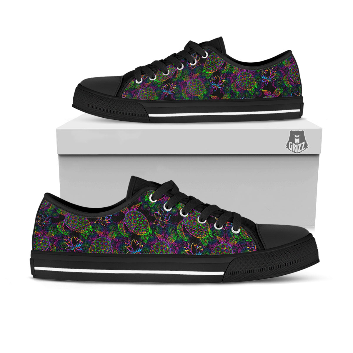 Turtle Sea Psychedelic Print Pattern Black Low Top Shoes-grizzshop