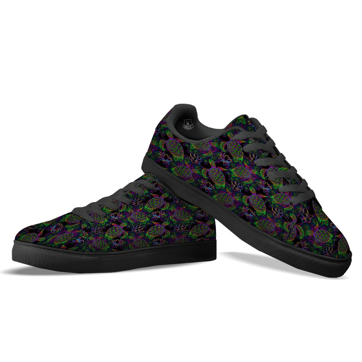 Turtle Sea Psychedelic Print Pattern Black Low Top Sneakers-grizzshop