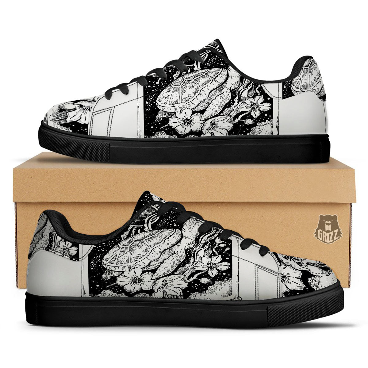 Blue Hawaiian Sea Turtle Pattern Print Black Sneaker Shoes For Men Women main image 1