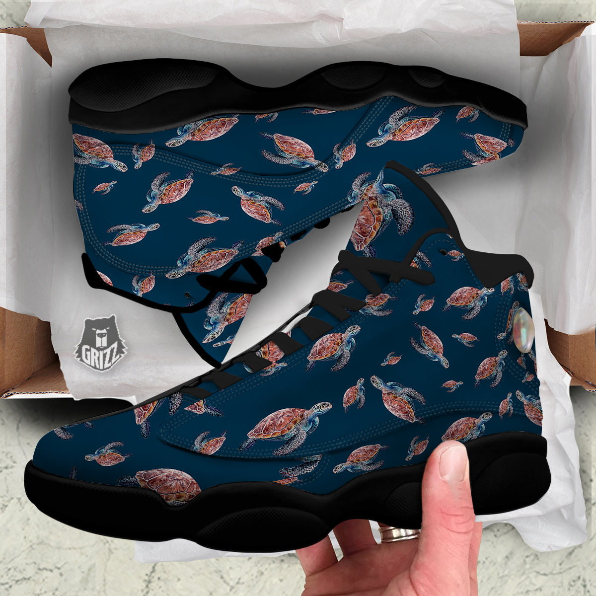 Turtle Watercolor Print Pattern Black Basketball Shoes-grizzshop