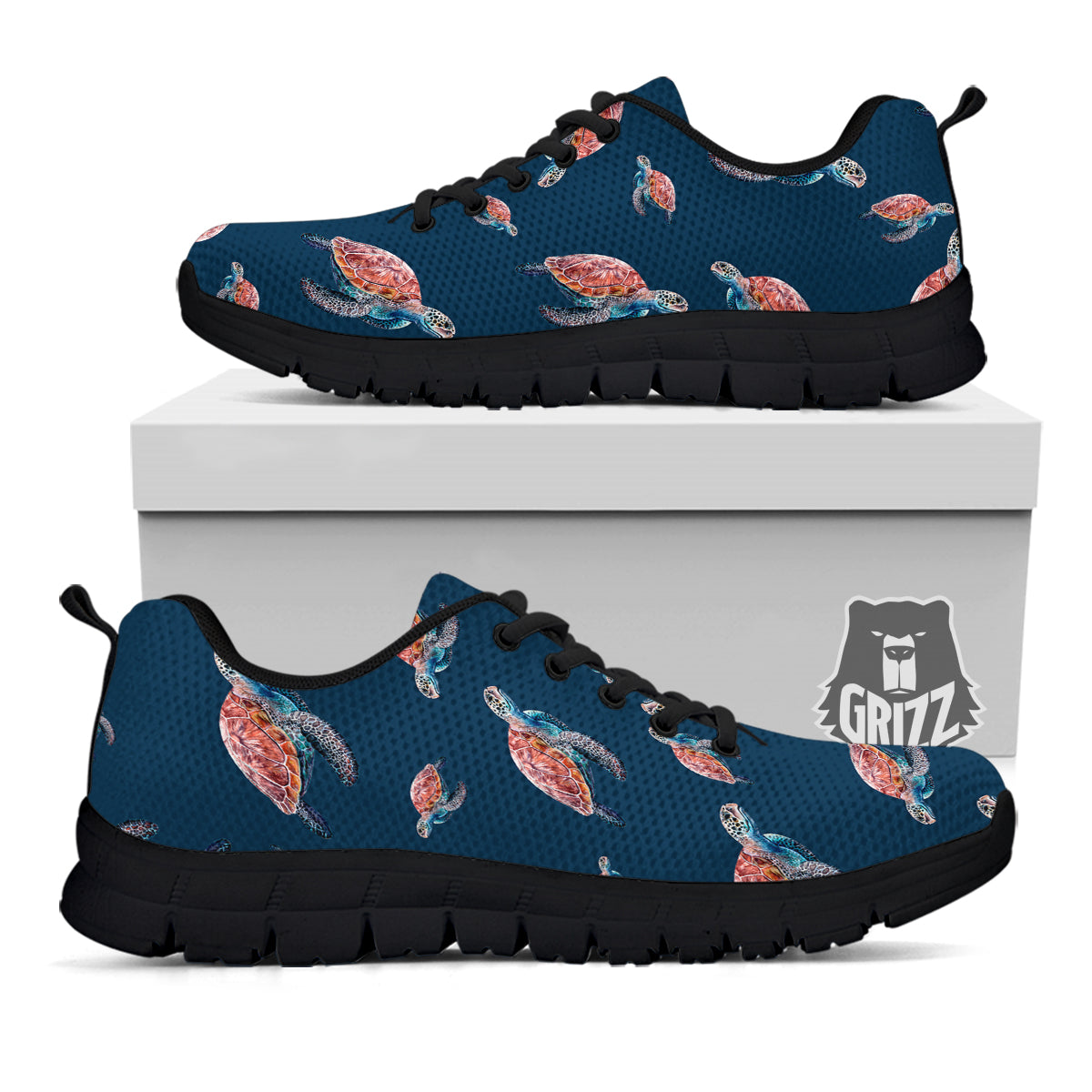 Turtle Watercolor Print Pattern Black Sneaker-grizzshop