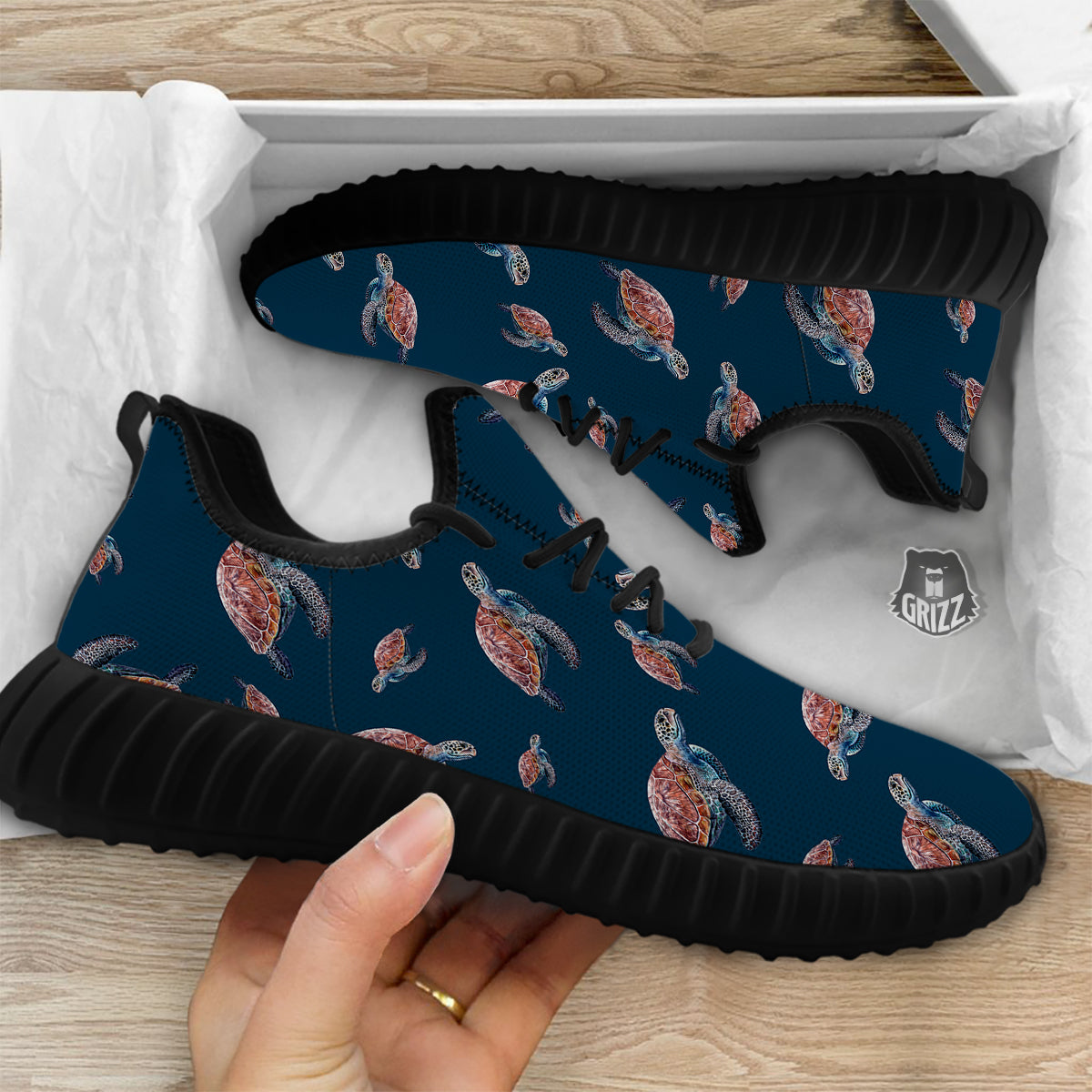 Turtle Watercolor Print Pattern Black Walking Shoes-grizzshop