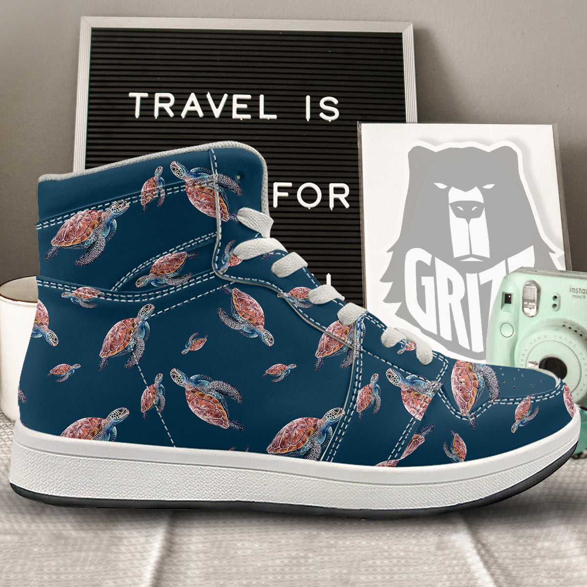 Turtle Watercolor Print Pattern High Top Sneakers-grizzshop