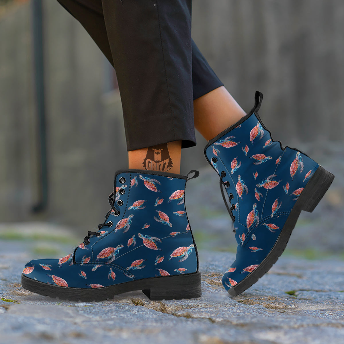 Turtle Watercolor Print Pattern Leather Boots-grizzshop