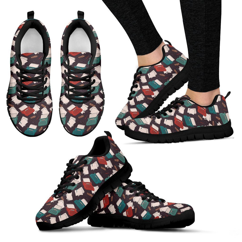 Typewriter Print Pattern Black Sneaker Shoes For Men Women-grizzshop