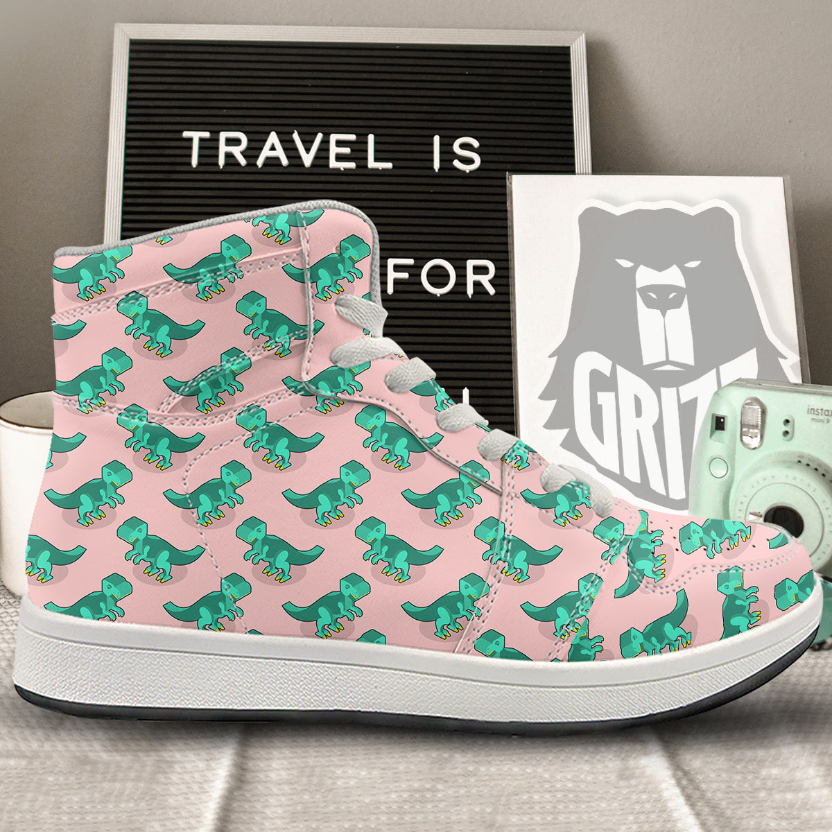 Tyrannosaurus Isometric Print Pattern High Top Sneakers-grizzshop