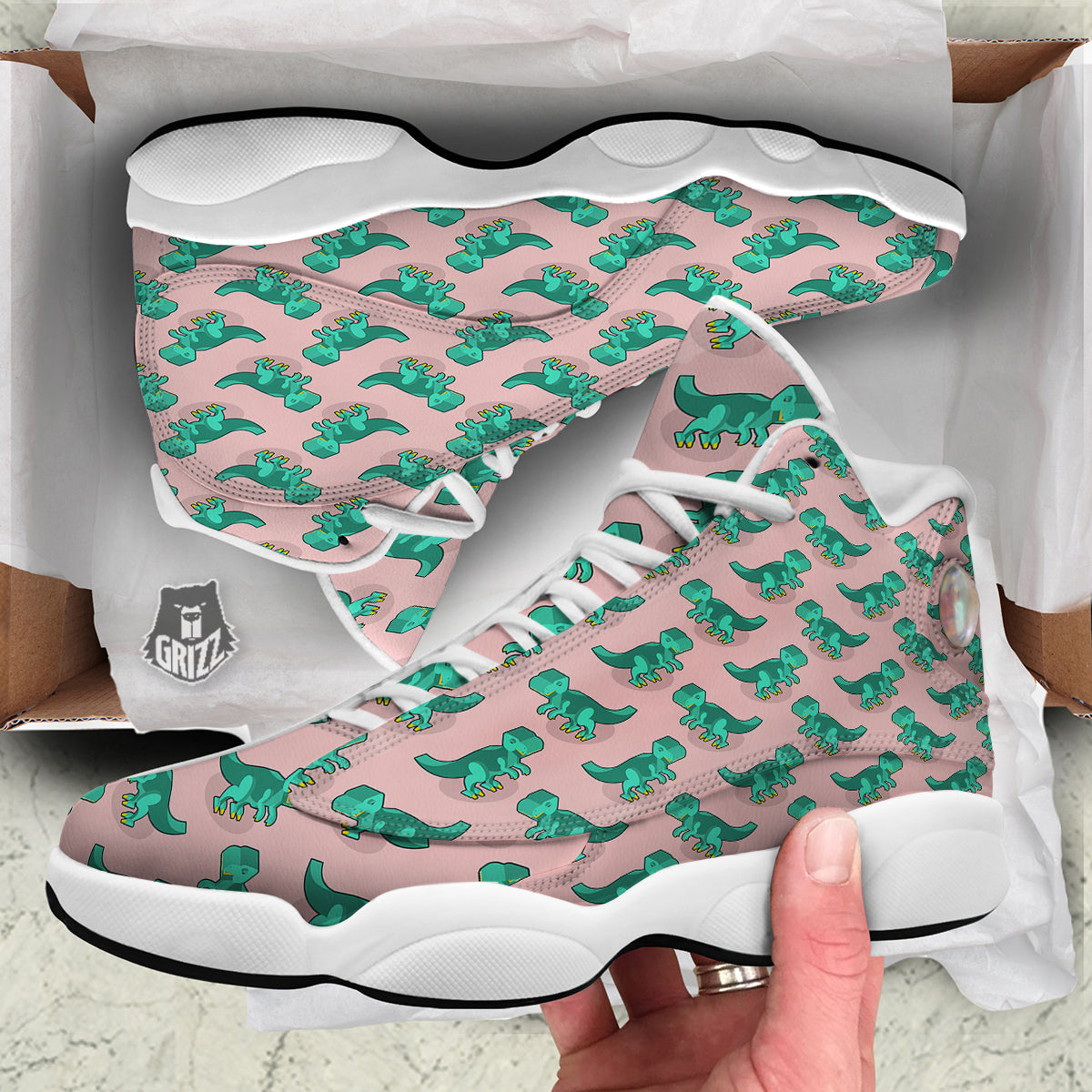 Tyrannosaurus Isometric Print Pattern White Basketball Shoes-grizzshop