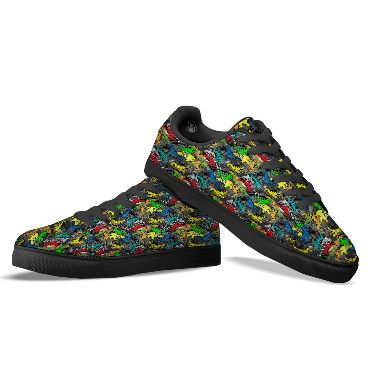 Tyrannosaurus Rex Colorful Print Black Low Top Sneakers-grizzshop
