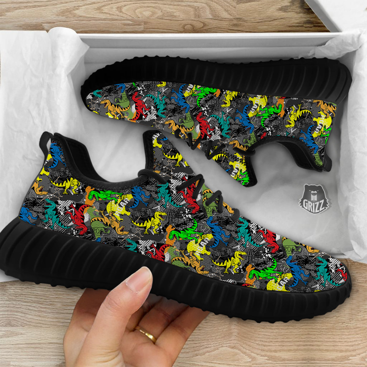 Tyrannosaurus Rex Colorful Print Black Walking Shoes-grizzshop