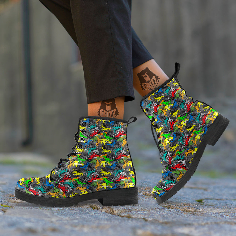 Tyrannosaurus Rex Colorful Print Leather Boots-grizzshop