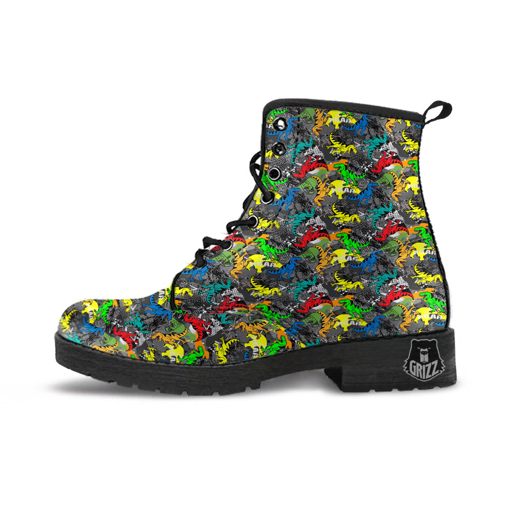 Tyrannosaurus Rex Colorful Print Leather Boots-grizzshop