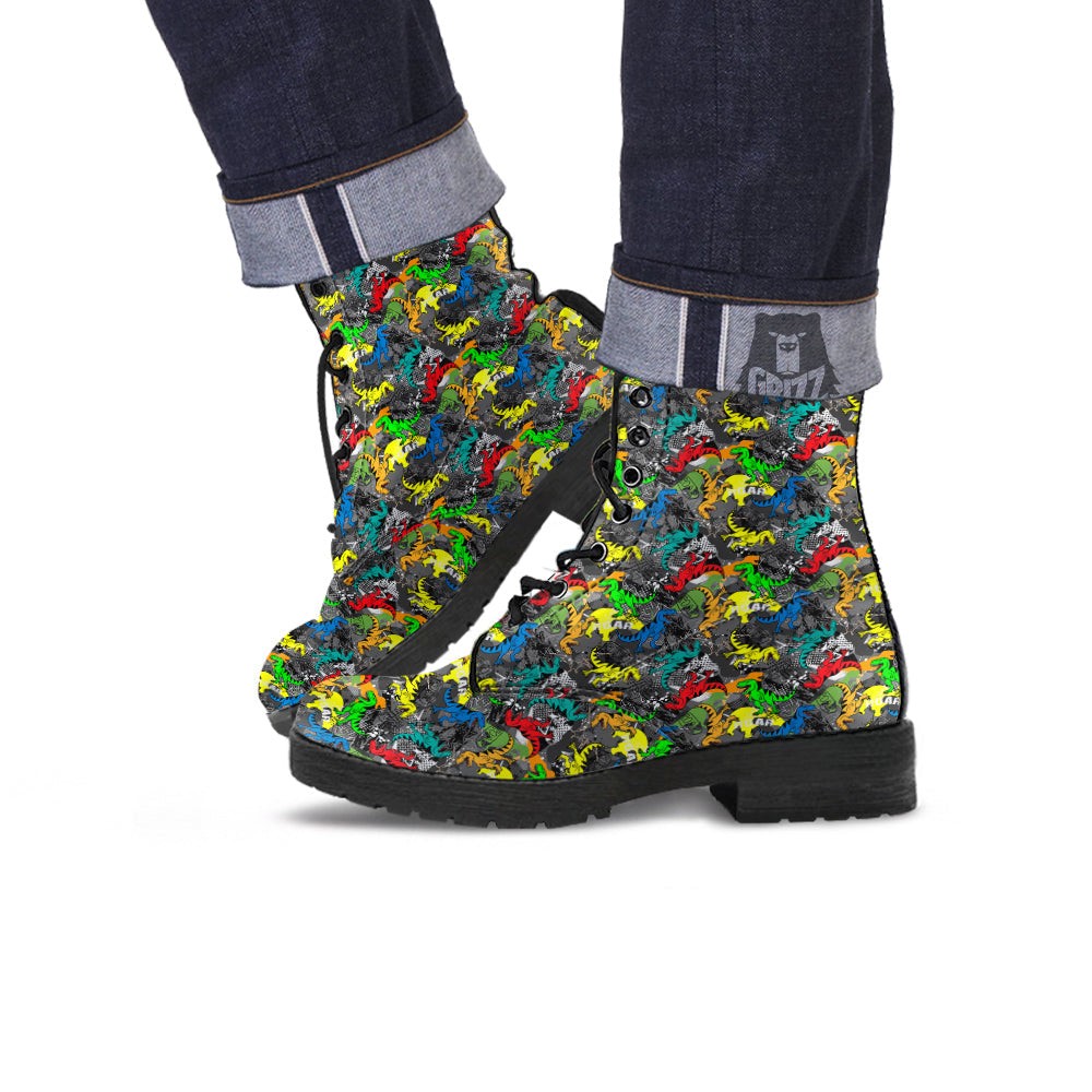 Tyrannosaurus Rex Colorful Print Leather Boots-grizzshop