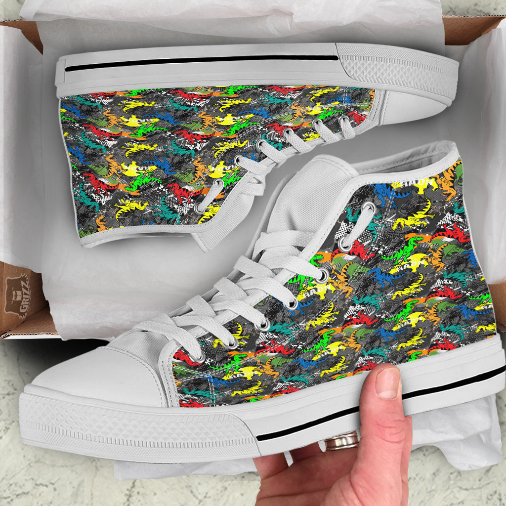 Tyrannosaurus Rex Colorful Print White High Top Shoes-grizzshop