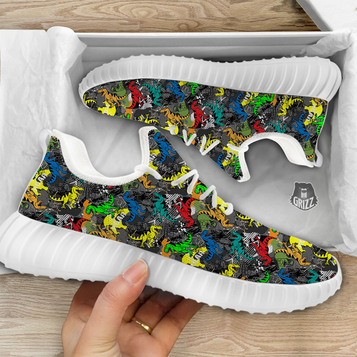 Tyrannosaurus Rex Colorful Print White Walking Shoes-grizzshop