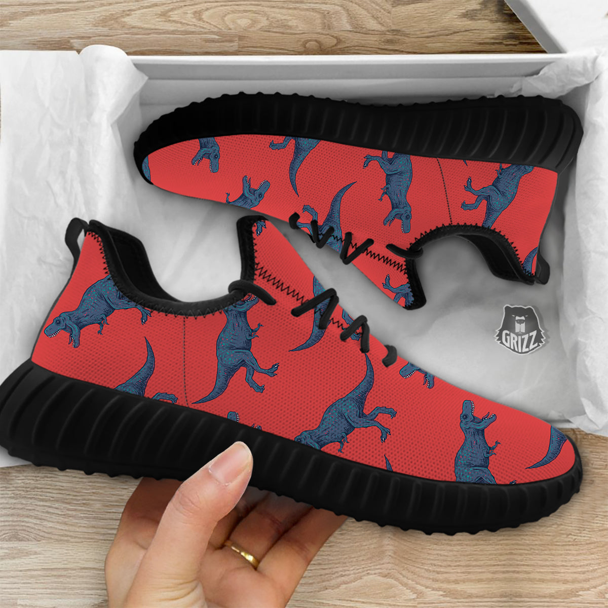 Tyrannosaurus Rex Print Pattern Black Walking Shoes-grizzshop