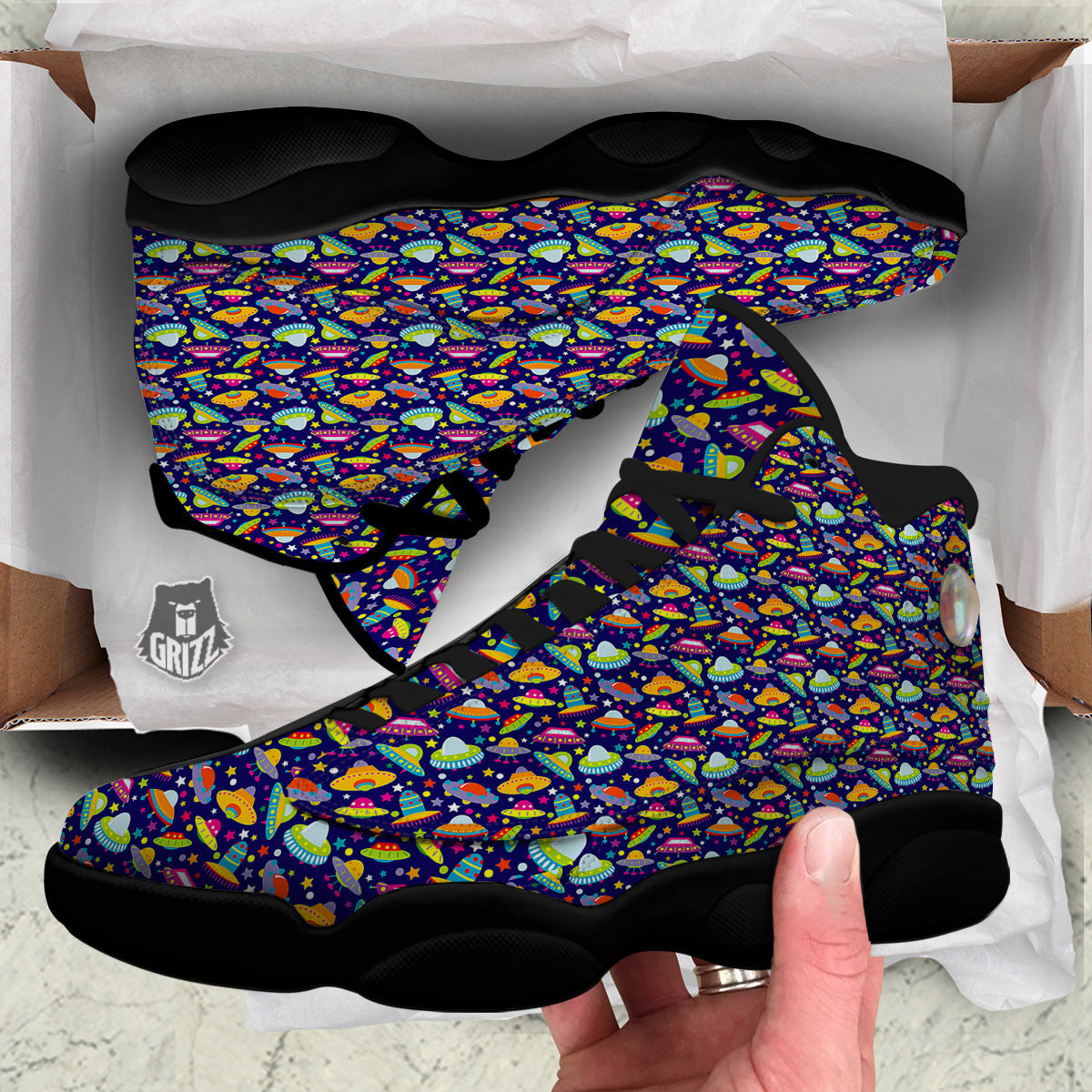 UFO Colorful Print Pattern Black Basketball Shoes-grizzshop
