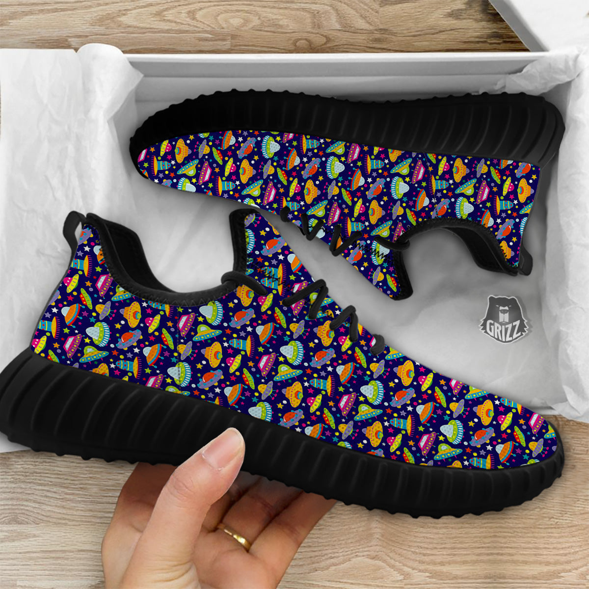 UFO Colorful Print Pattern Black Walking Shoes-grizzshop