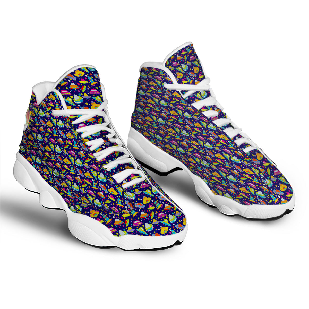 UFO Colorful Print Pattern White Basketball Shoes-grizzshop