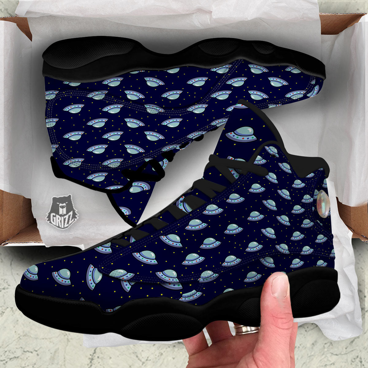 UFO Galaxy Print Pattern Black Basketball Shoes-grizzshop