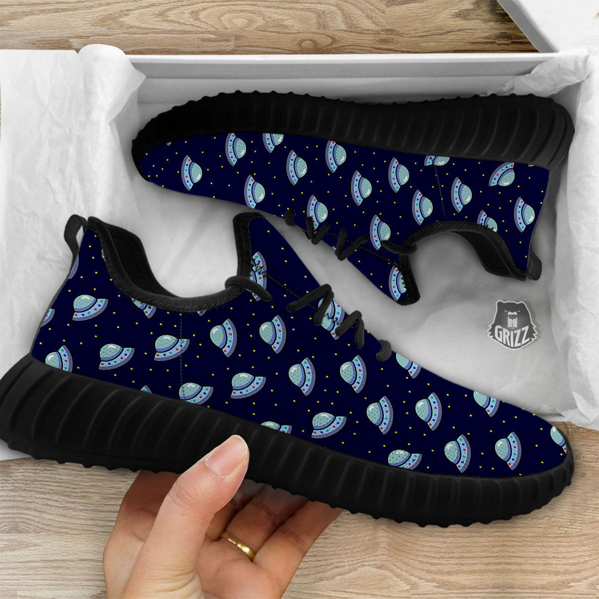 UFO Galaxy Print Pattern Black Walking Shoes-grizzshop