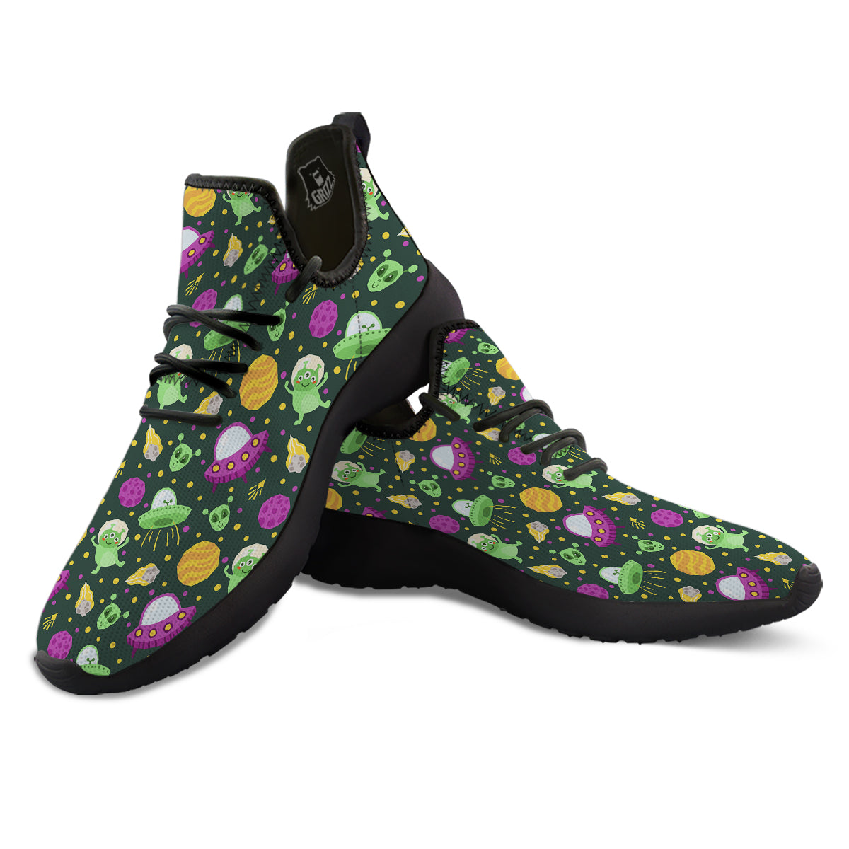 UFO Little Green Alien Print Pattern Black Athletic Shoes-grizzshop