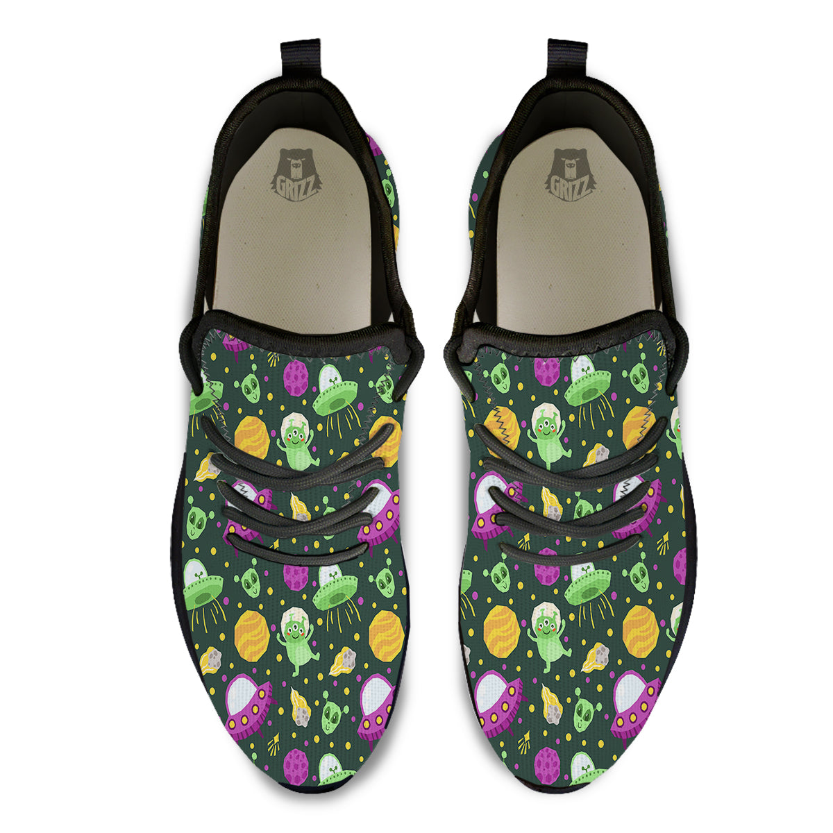UFO Little Green Alien Print Pattern Black Athletic Shoes-grizzshop