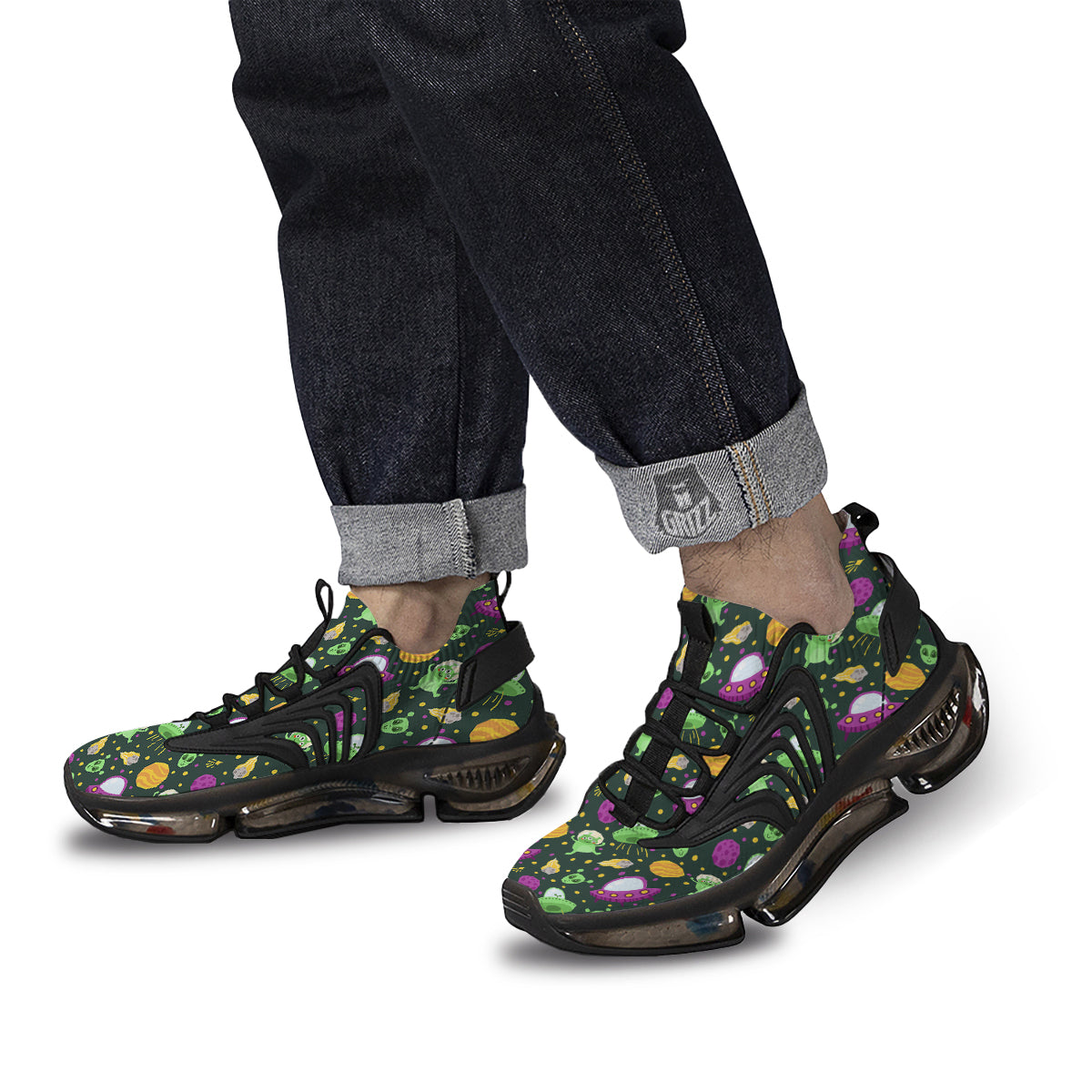 UFO Little Green Alien Print Pattern Black Gym Shoes-grizzshop