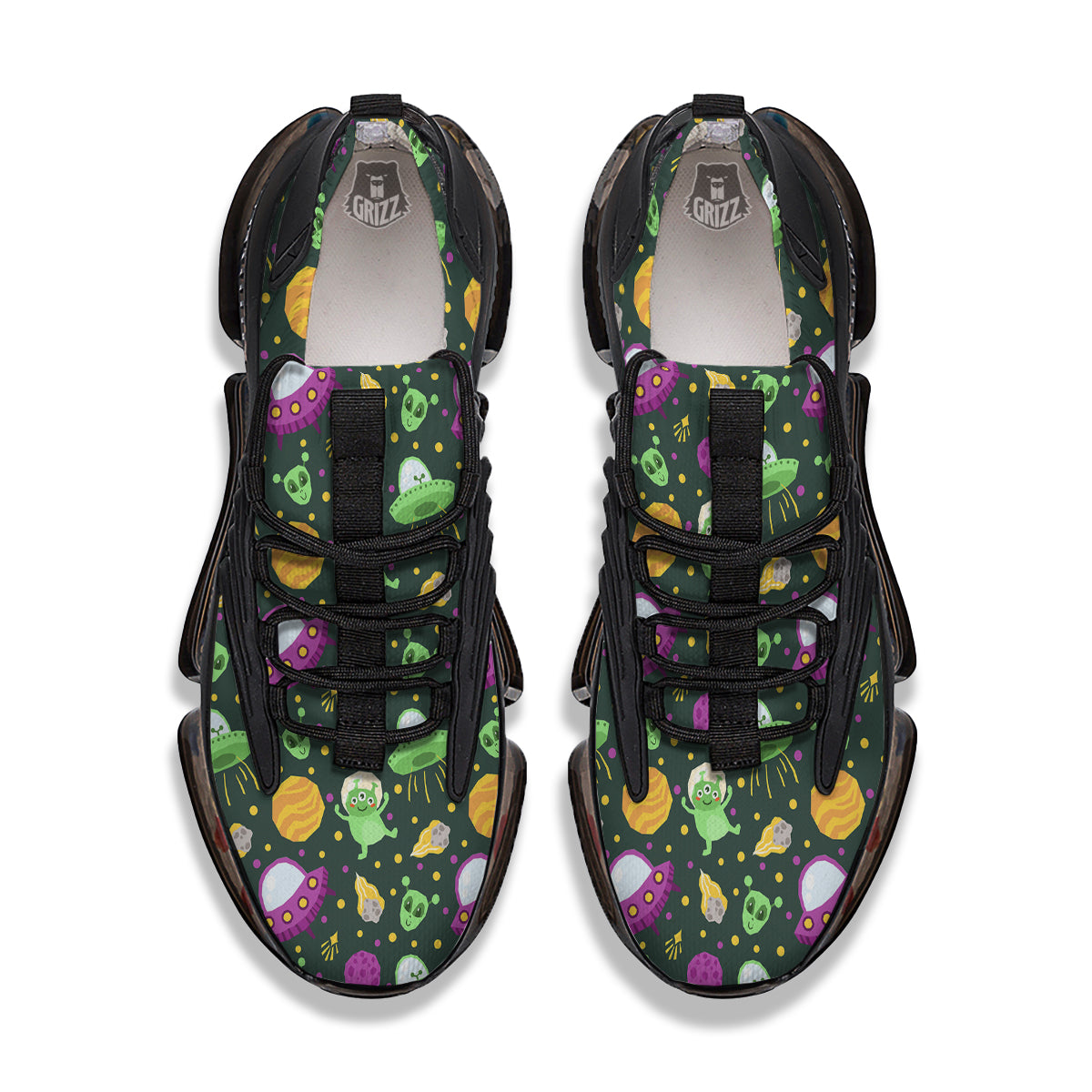 UFO Little Green Alien Print Pattern Black Gym Shoes-grizzshop
