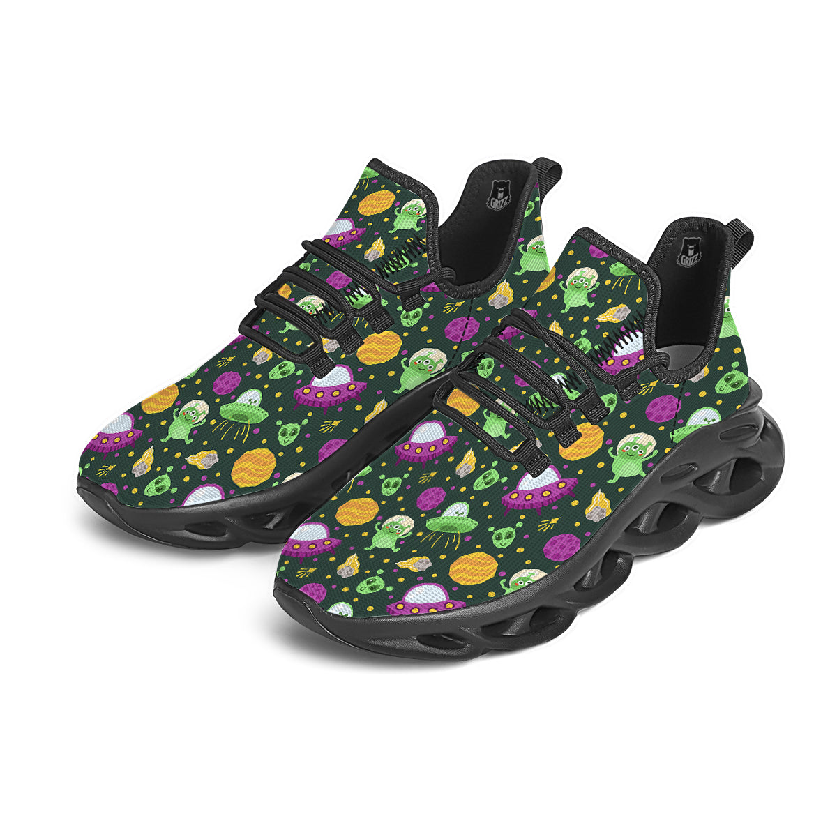 UFO Little Green Alien Print Pattern Black Running Shoes-grizzshop