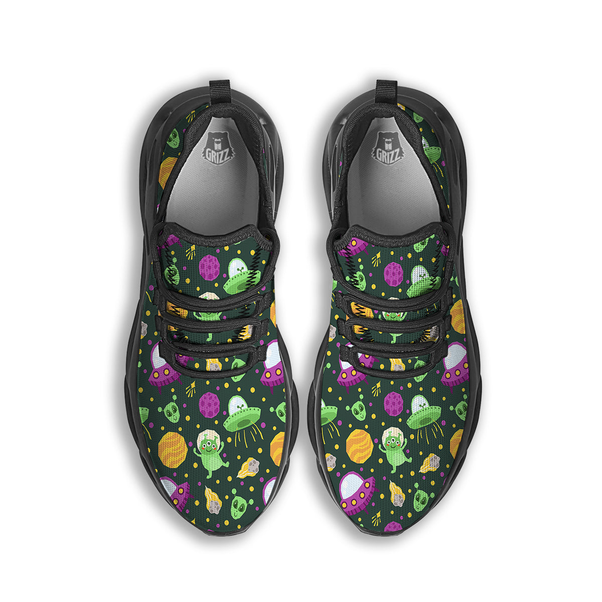 UFO Little Green Alien Print Pattern Black Running Shoes-grizzshop