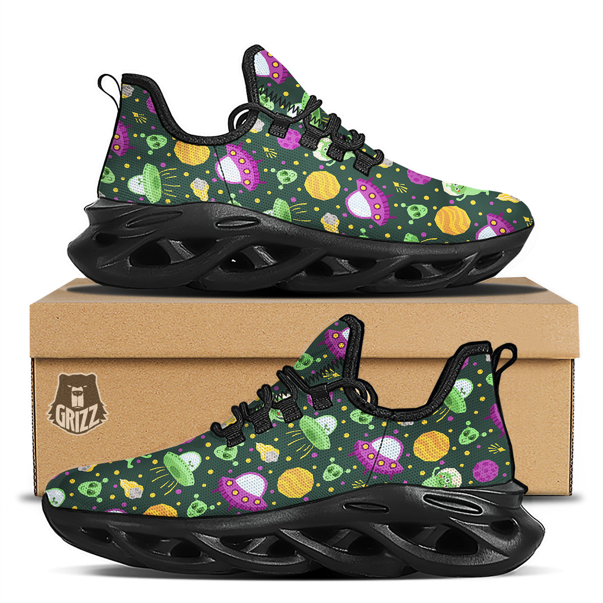 UFO Little Green Alien Print Pattern Black Running Shoes-grizzshop