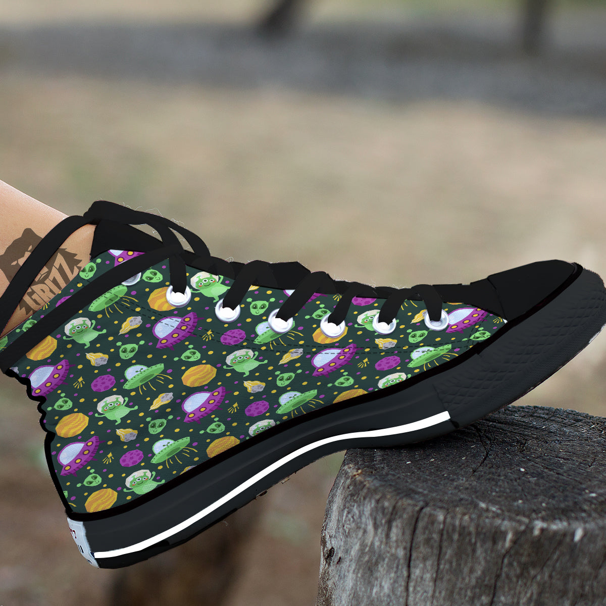 UFO Little Green Alien Print Pattern High Top Shoes-grizzshop