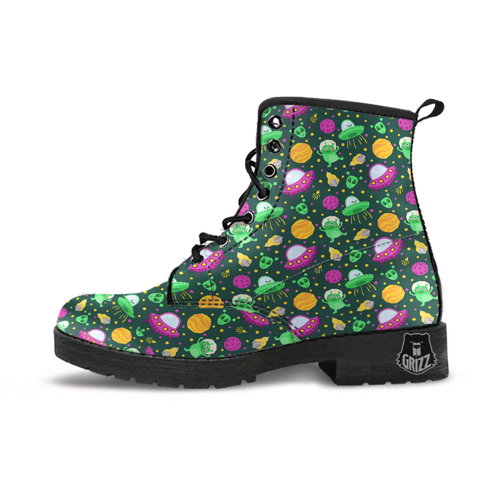 UFO Little Green Alien Print Pattern Leather Boots-grizzshop