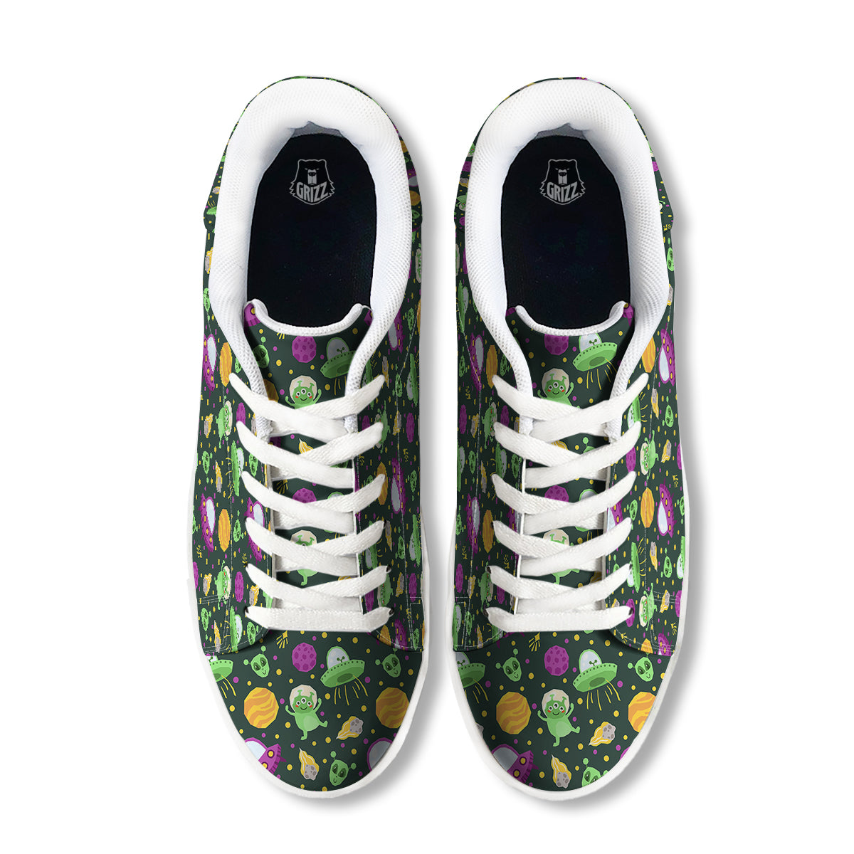 UFO Little Green Alien Print Pattern White Low Top Sneakers-grizzshop