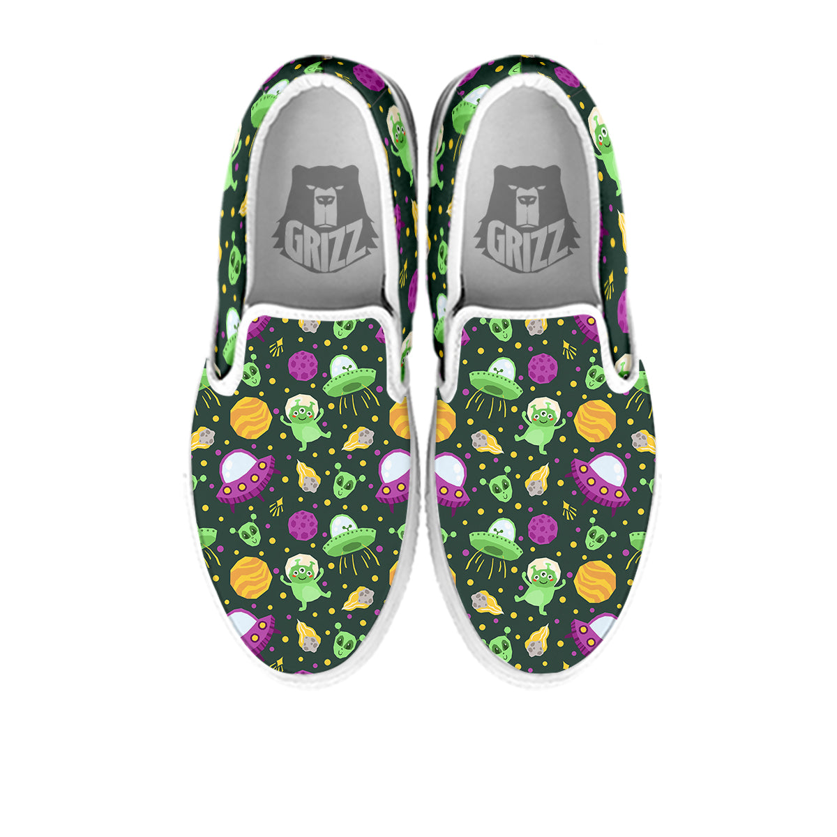 UFO Little Green Alien Print Pattern White Slip On Shoes-grizzshop