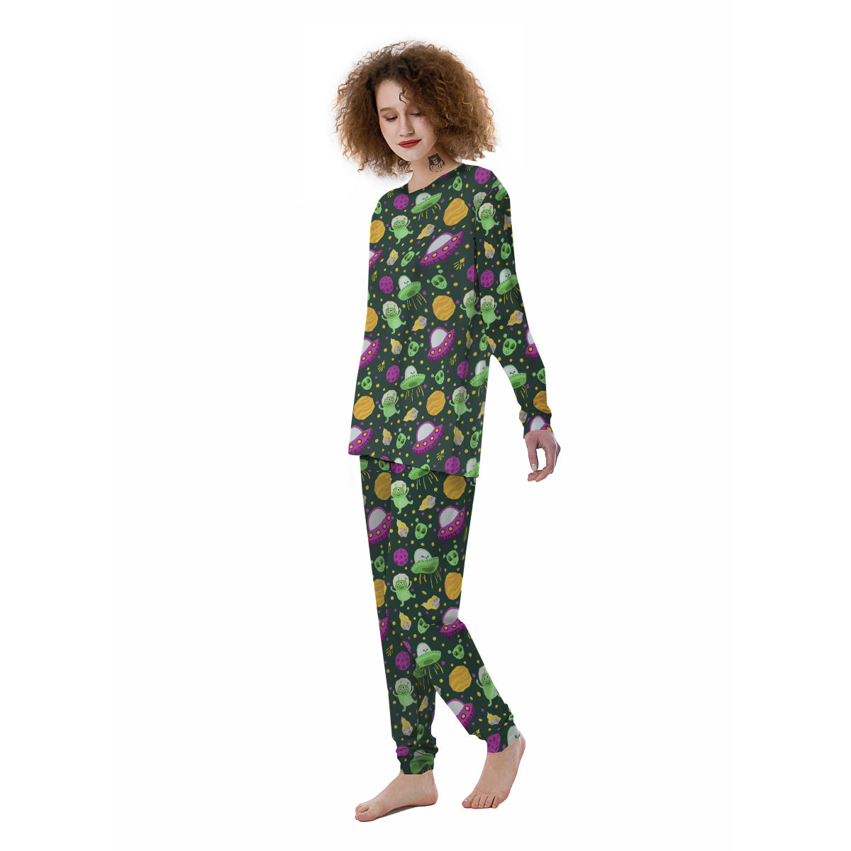 UFO Little Green Alien Print Pattern Women's Pajamas-grizzshop
