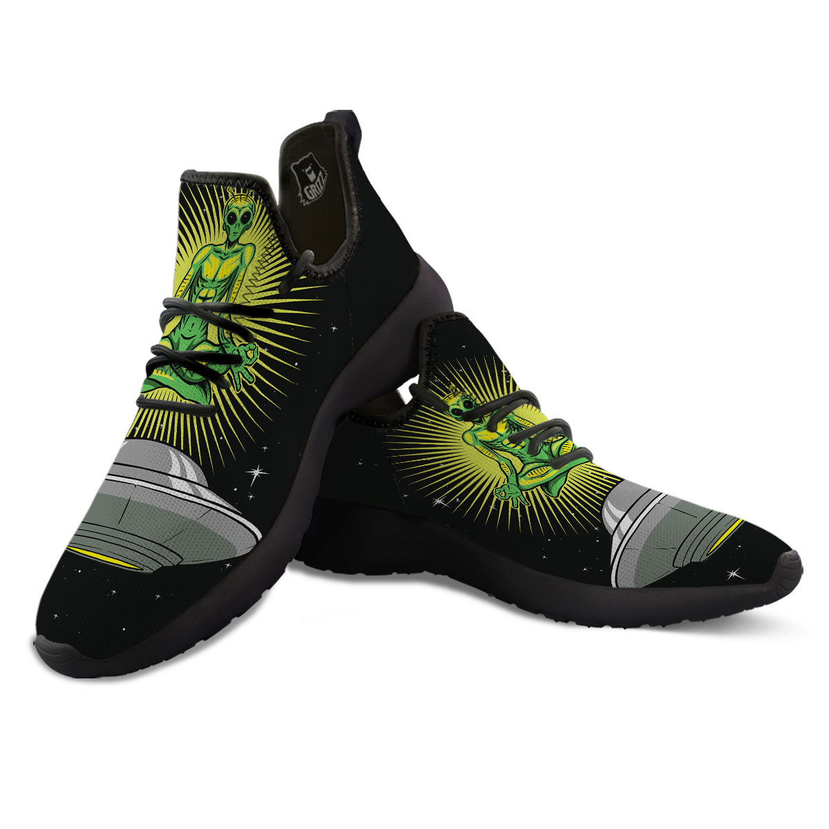 UFO Space Green Alien Print Black Athletic Shoes-grizzshop